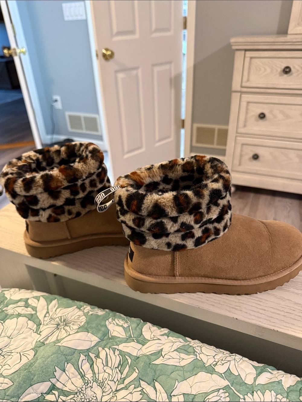 UGG Tan Suede Ankle Booties with Leopard Faux-Fur Cuff